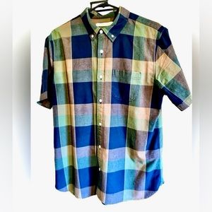 Outerknown Men's Light Weight Sz. Med SS Plaid Navy/Green Cotton Button Up Shirt